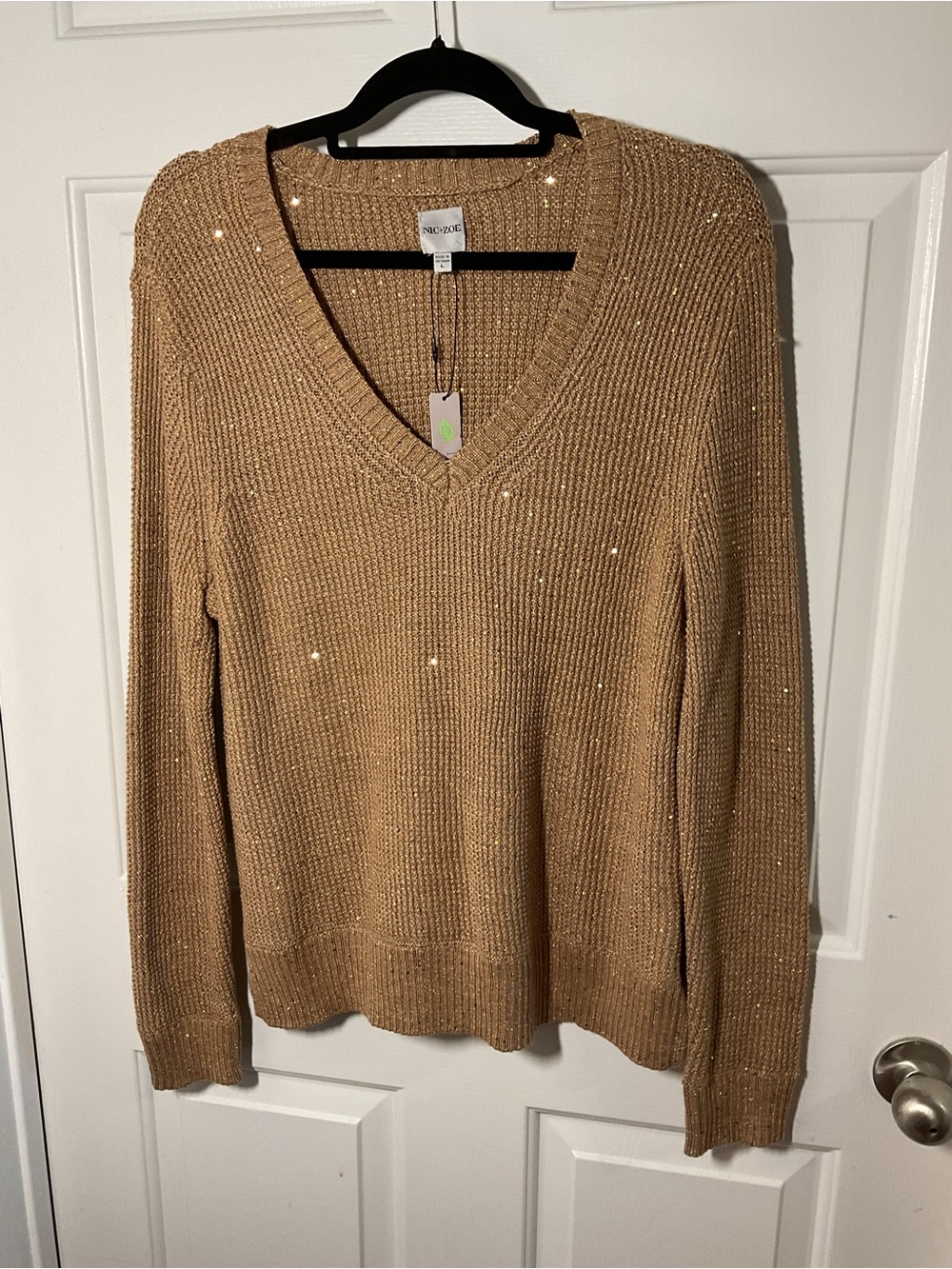 NIC+ZOE Gold Glitter V-Neck Knit Sweater Large Metallic Sequin - Picture 5 of 11